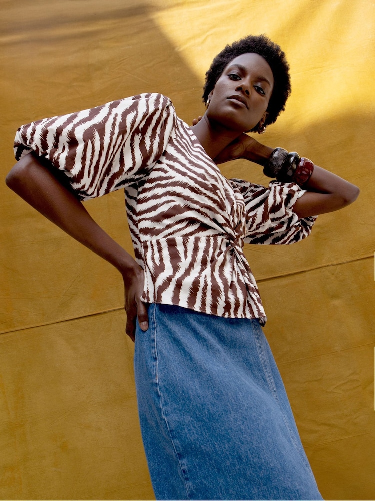 Ro&Zo Brown Zebra Print Twist Front Cotton Top - Image 1 of 4