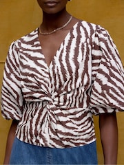 Ro&Zo Brown Zebra Print Twist Front Cotton Top - Image 4 of 4