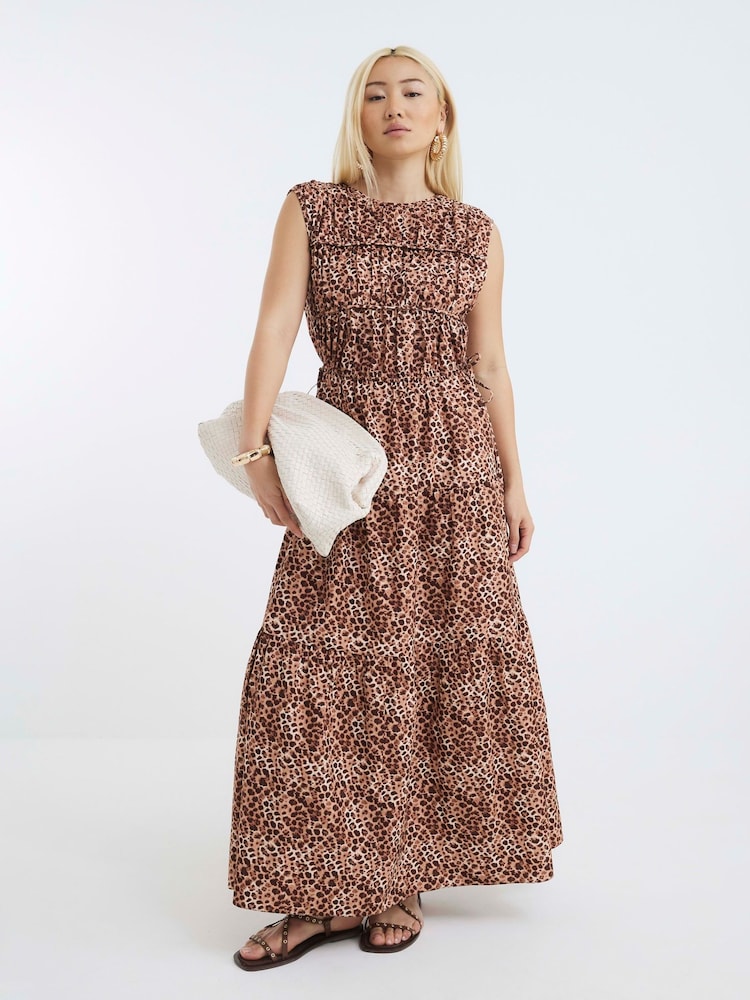 River Island Brown Draw String Tiered Cotton Maxi Dress - Image 1 of 4