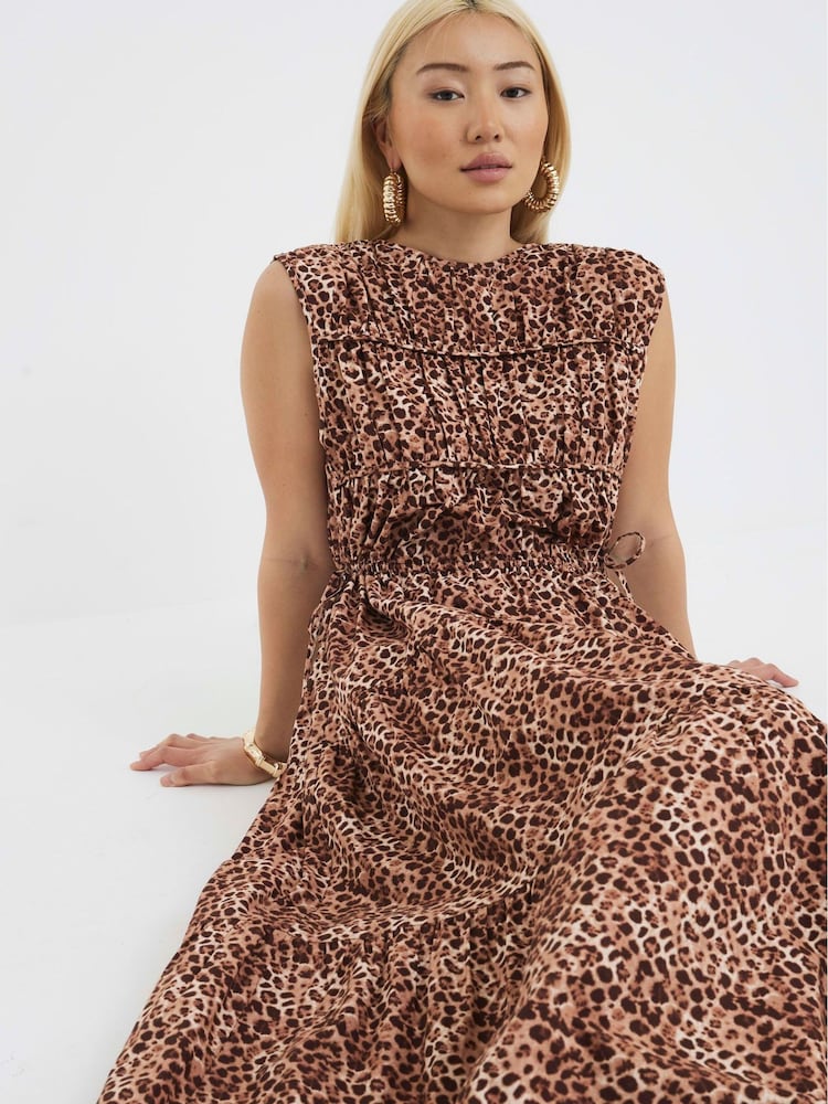 brown string dress Ludivine Brown Ruched Maxi Dress with Beaded Straps main image 0