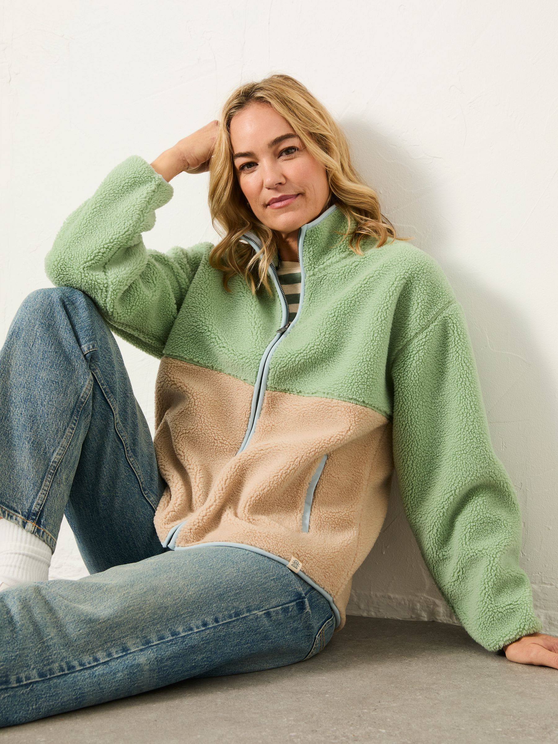 Buy FatFace Green Colour Block Zip Through Fleece from the Next UK