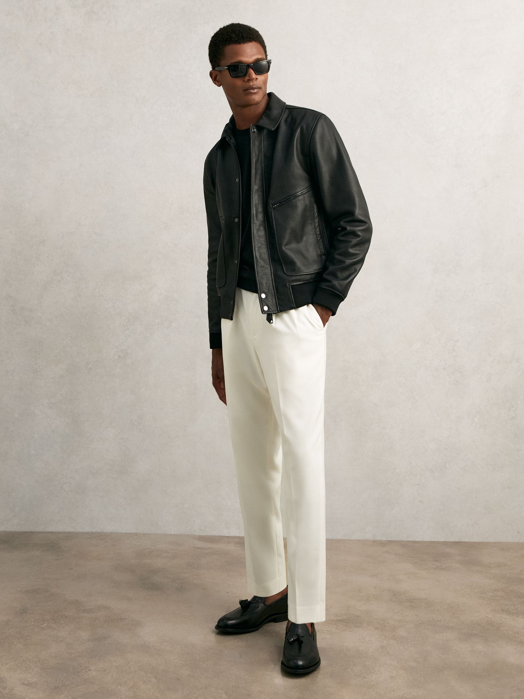 Buy Reiss Black Purleigh Grained Leather Zip Through Jacket from