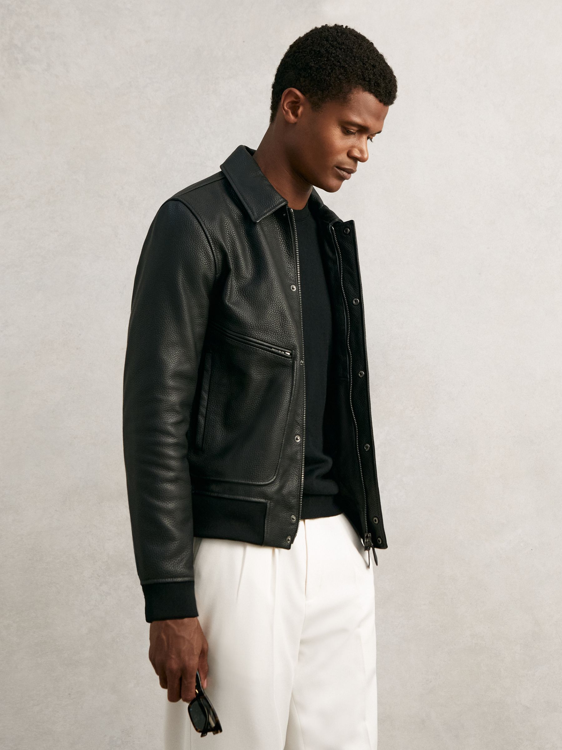 Buy Reiss Black Purleigh Grained Leather Zip Through Jacket from
