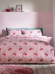Catherine Lansfield Pink Disco Cherries Stripes Reversible Duvet Cover Set - Image 1 of 4