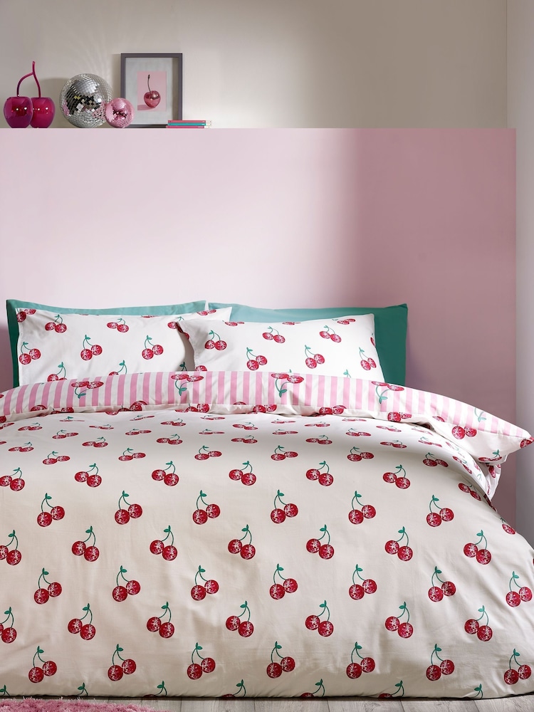Catherine Lansfield Pink Disco Cherries Stripes Reversible Duvet Cover Set - Image 2 of 4