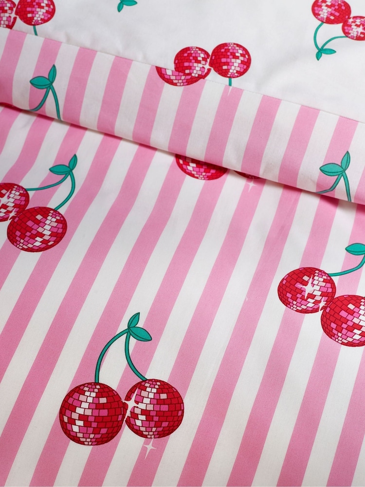 Catherine Lansfield Pink Disco Cherries Stripes Reversible Duvet Cover Set - Image 4 of 4