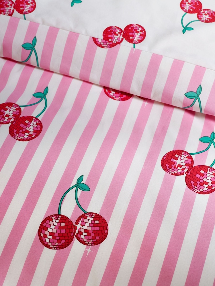 Catherine Lansfield Pink Disco Cherries Stripes Reversible Duvet Cover Set - Image 5 of 5 Catherine Lansfield Pink Disco Cherries Stripes Reversible Duvet Cover Set - Image 5 of 5