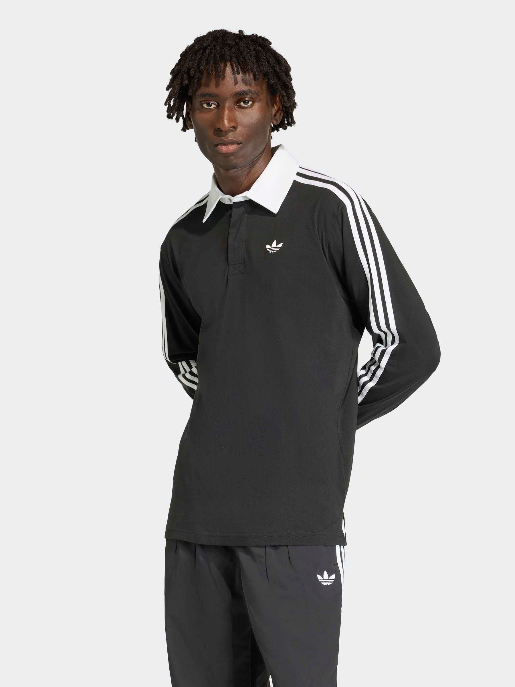 Buy adidas Originals Black 3 Stripes Rugby Long Sleeve Polo Shirt