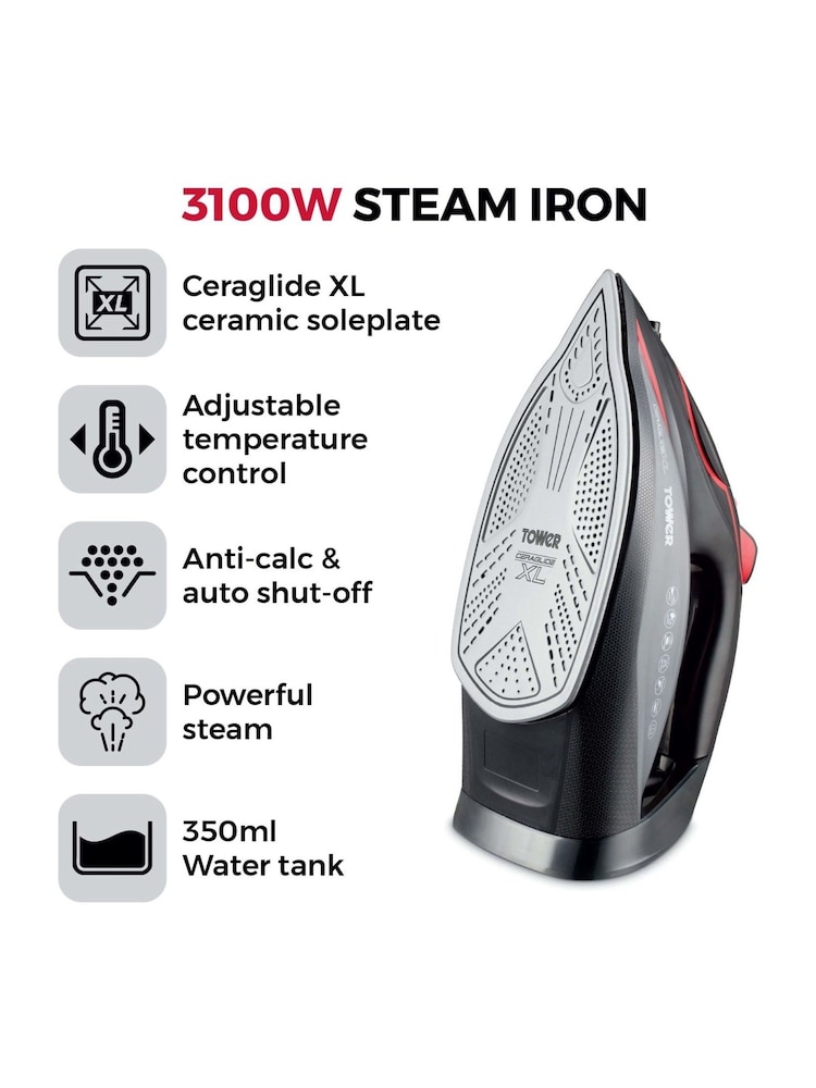 Tower Red Black Steam Iron with Ceramic Soleplate - Image 2 of 6