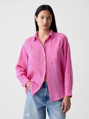 Gap Pink Crinkle Cotton Long Sleeve Oversize Shirt - Image 1 of 5