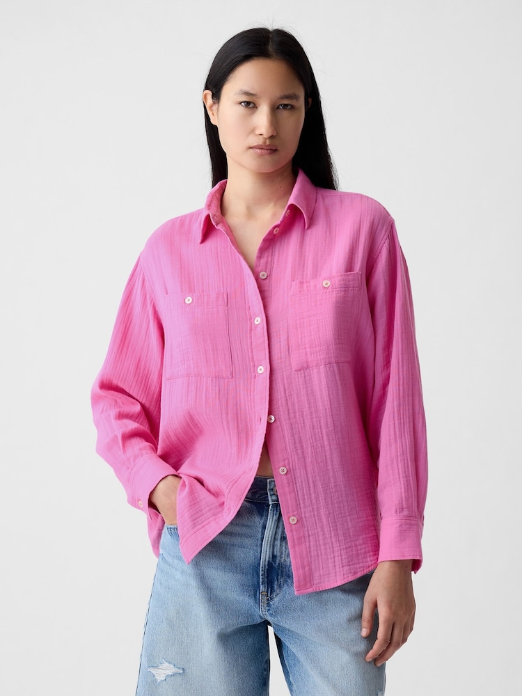 Gap Pink Crinkle Cotton Long Sleeve Oversize Shirt - Image 1 of 5