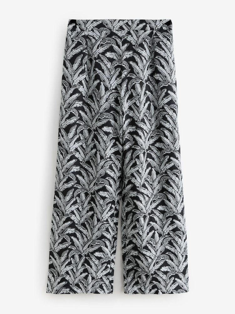 Black/White Linen Leaf Print Trousers - Image 1 of 1 Black/White Linen Leaf Print Trousers - Image 1 of 1