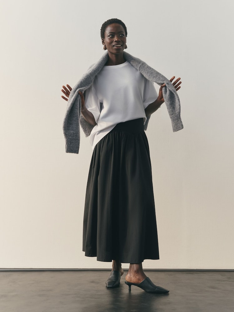 Nothing Ordinary Black Jersey Woven Mix A Line Heavyweight Cotton Midi Skirt - Image 1 of 8 Nothing Ordinary Black Jersey Woven Mix A Line Heavyweight Cotton Midi Skirt - Image 1 of 8
