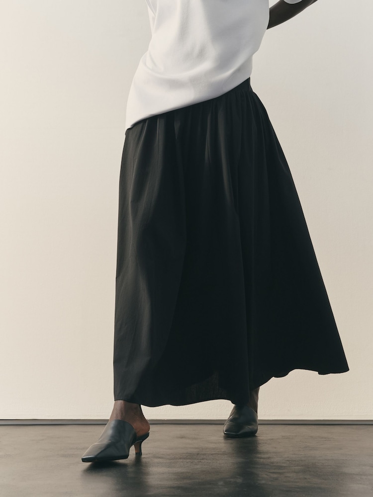 Nothing Ordinary Black Jersey Woven Mix A Line Heavyweight Cotton Midi Skirt - Image 2 of 8