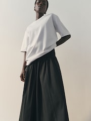 Nothing Ordinary Black Jersey Woven Mix A Line Heavyweight Cotton Midi Skirt - Image 4 of 8