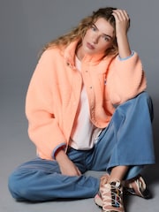 Fluro Orange Graphic Floral Button Through Borg Jacket - Image 1 of 7