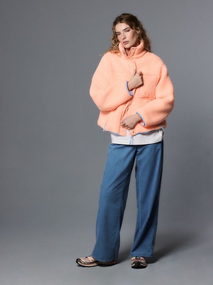 Fluro Orange Graphic Floral Button Through Borg Jacket - Image 2 of 7