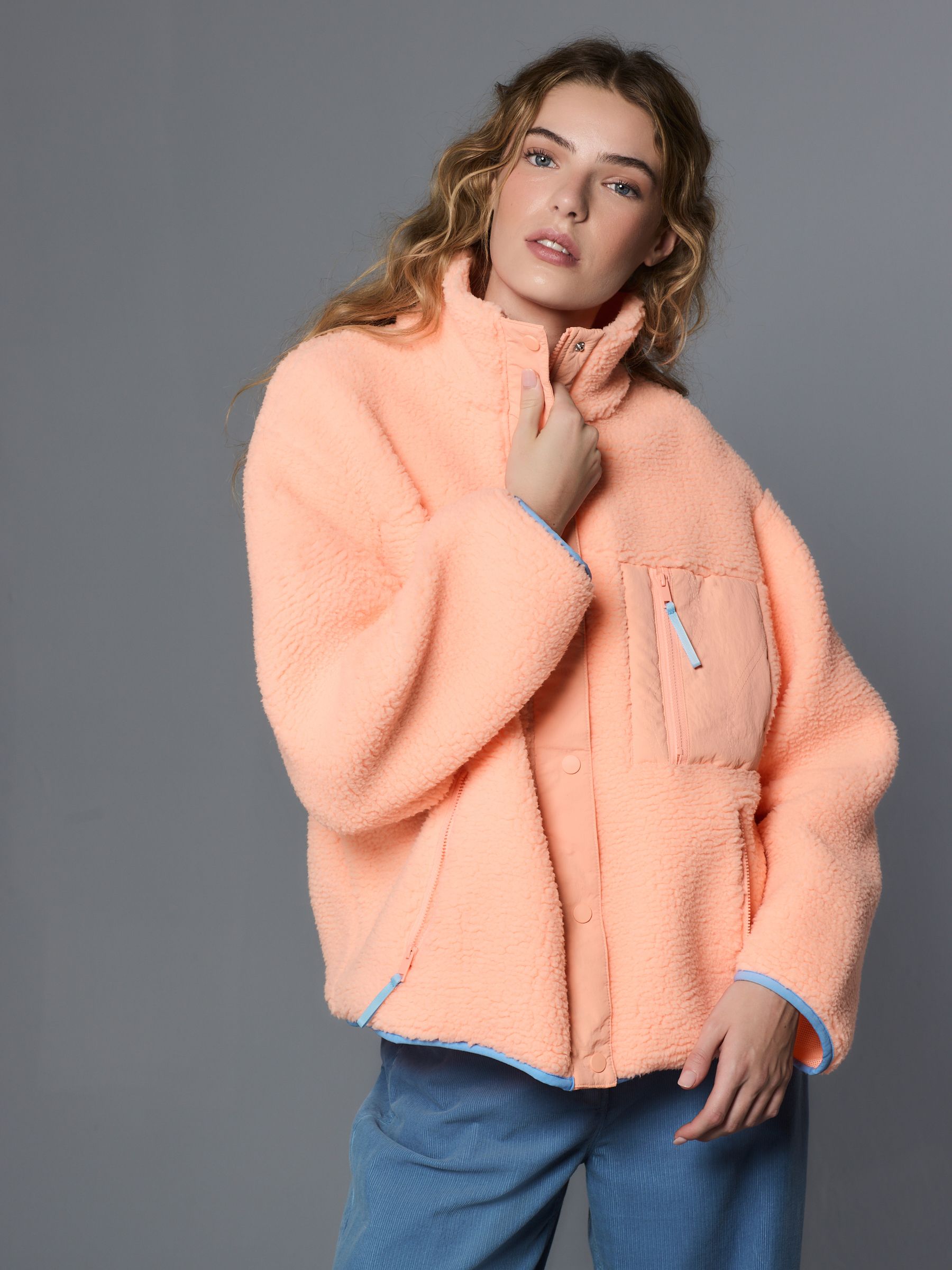 Buy Fluro Orange Graphic Floral Button Through Borg Jacket from