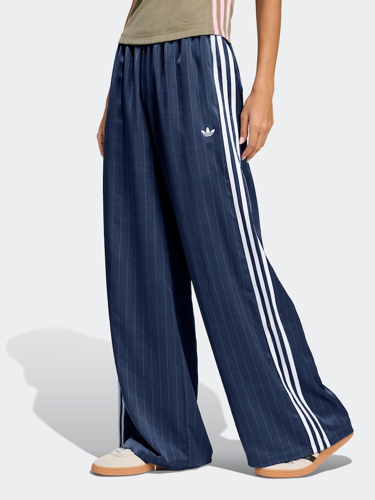 adidas Originals Blue/White Soccer Summer Satin Pinstripe Wide Leg Trousers - Image 1 of 6