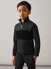 Reiss Black Selin Interlock Velour Panel Zip Sweatshirt - Image 1 of 4