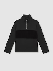 Reiss Black Selin Interlock Velour Panel Zip Sweatshirt - Image 2 of 4