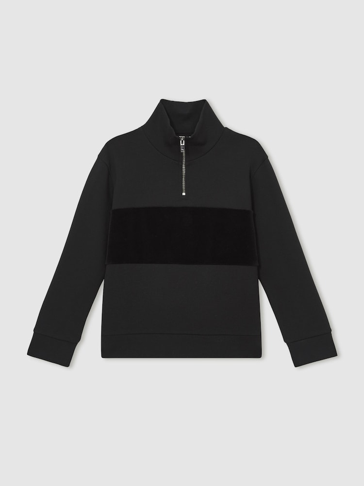 Reiss Black Selin Interlock Velour Panel Zip Sweatshirt - Image 2 of 4