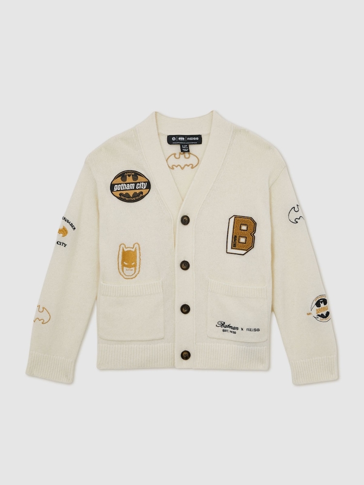 Reiss Off White Kinsley 13-14 yrs Batman | Reiss Badge Cardigan - Image 1 of 4 Reiss Off White Kinsley 13-14 yrs Batman | Reiss Badge Cardigan - Image 1 of 4