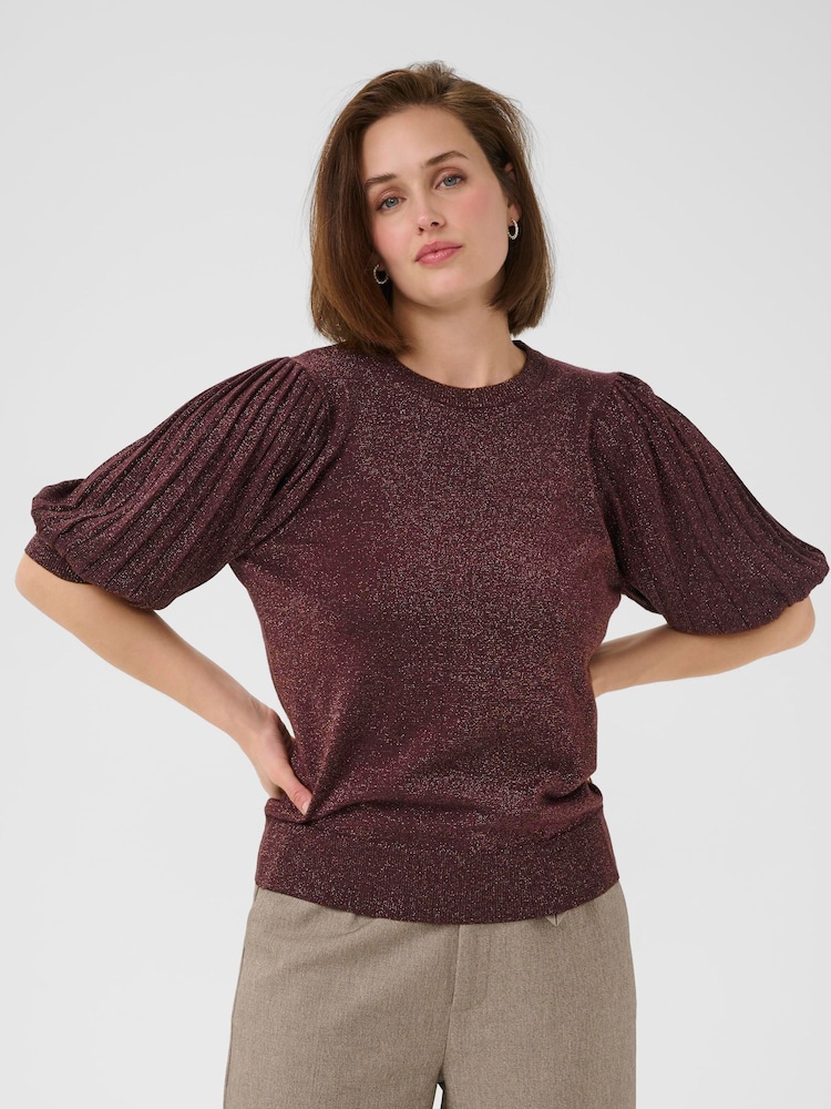 Kaffe Red KAregina Pleat Short Sleeve Jumper - Image 1 of 6