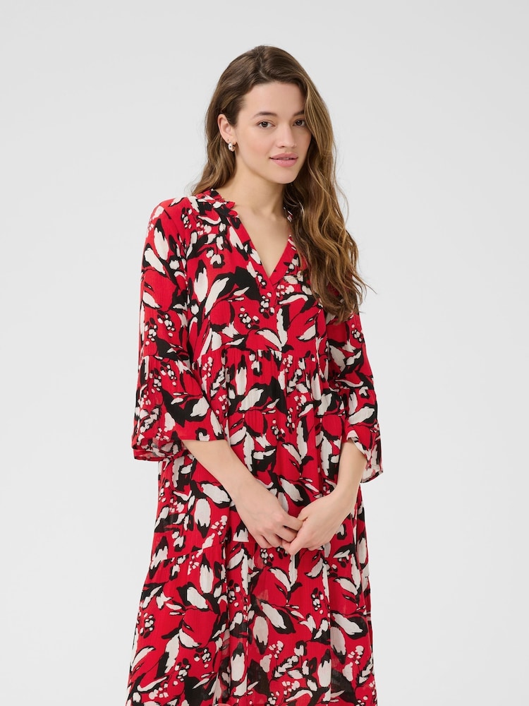 Kaffe Red KAhera Amber Printed Knee Length Dress - Image 1 of 6 Kaffe Red KAhera Amber Printed Knee Length Dress - Image 1 of 6