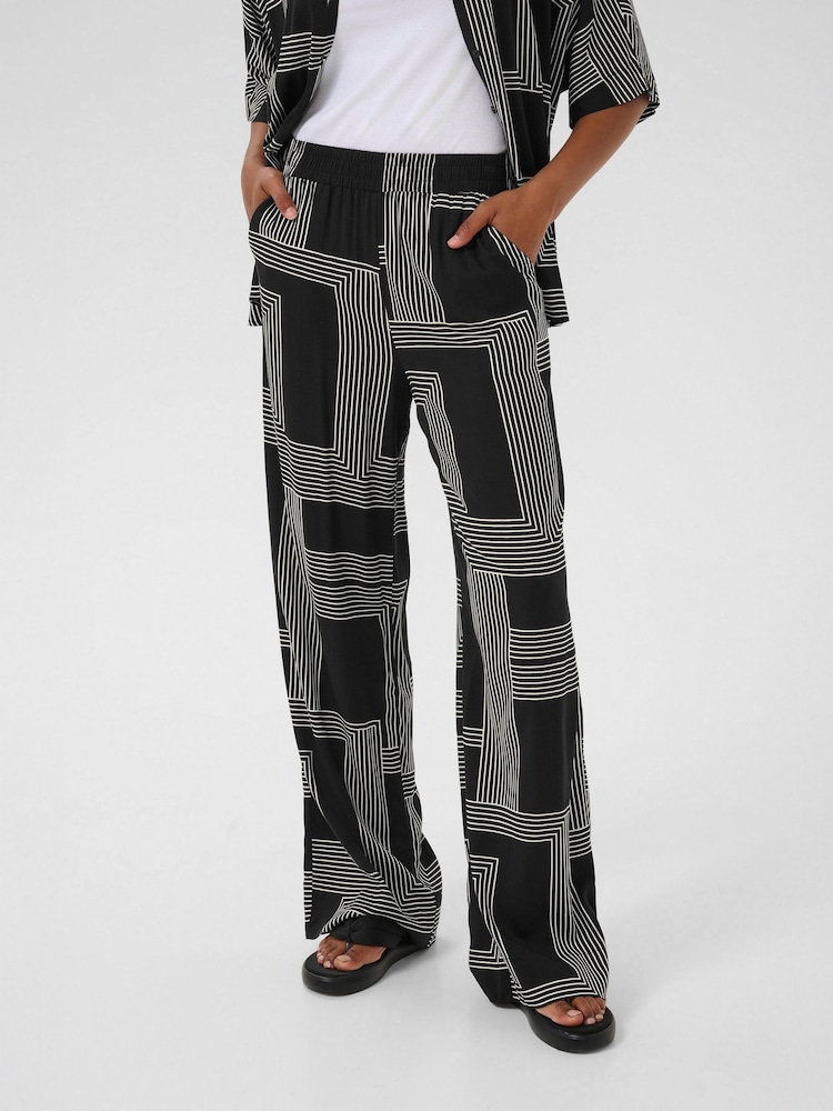 Kaffe KAdonny Elastic Waist Patterned Black Trousers - Image 1 of 6 Kaffe KAdonny Elastic Waist Patterned Black Trousers - Image 1 of 6