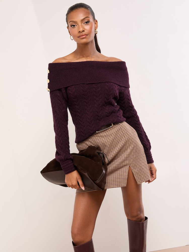 Lipsy Burgundy Red Cable Knit Slash Neck Buttoned Co-Ord Jumper - Image 1 of 4 Lipsy Burgundy Red Cable Knit Slash Neck Buttoned Co-Ord Jumper - Image 1 of 4