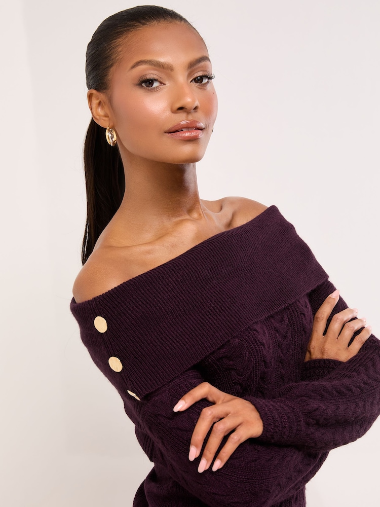 Lipsy Burgundy Red Cable Knit Slash Neck Buttoned Co-Ord Jumper - Image 2 of 4 Lipsy Burgundy Red Cable Knit Slash Neck Buttoned Co-Ord Jumper - Image 2 of 4