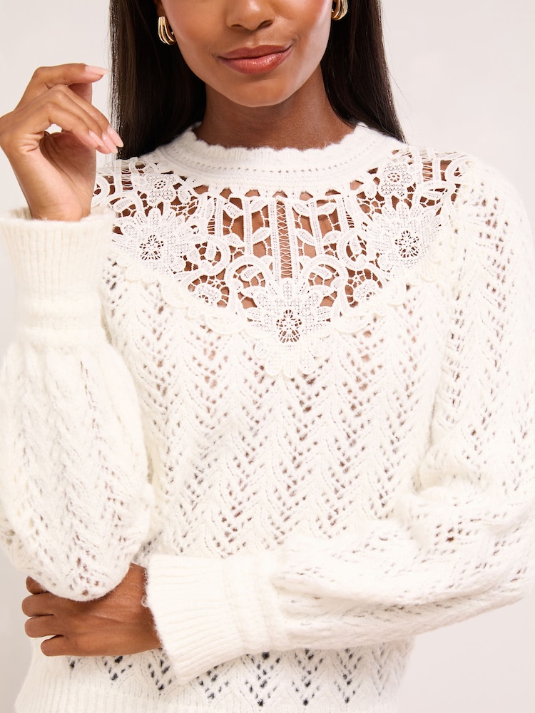 Lipsy Ivory Lace Yoke Stitch Knitted Jumper - Image 2 of 4