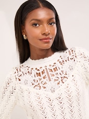 Lipsy Ivory Lace Yoke Stitch Knitted Jumper - Image 3 of 4