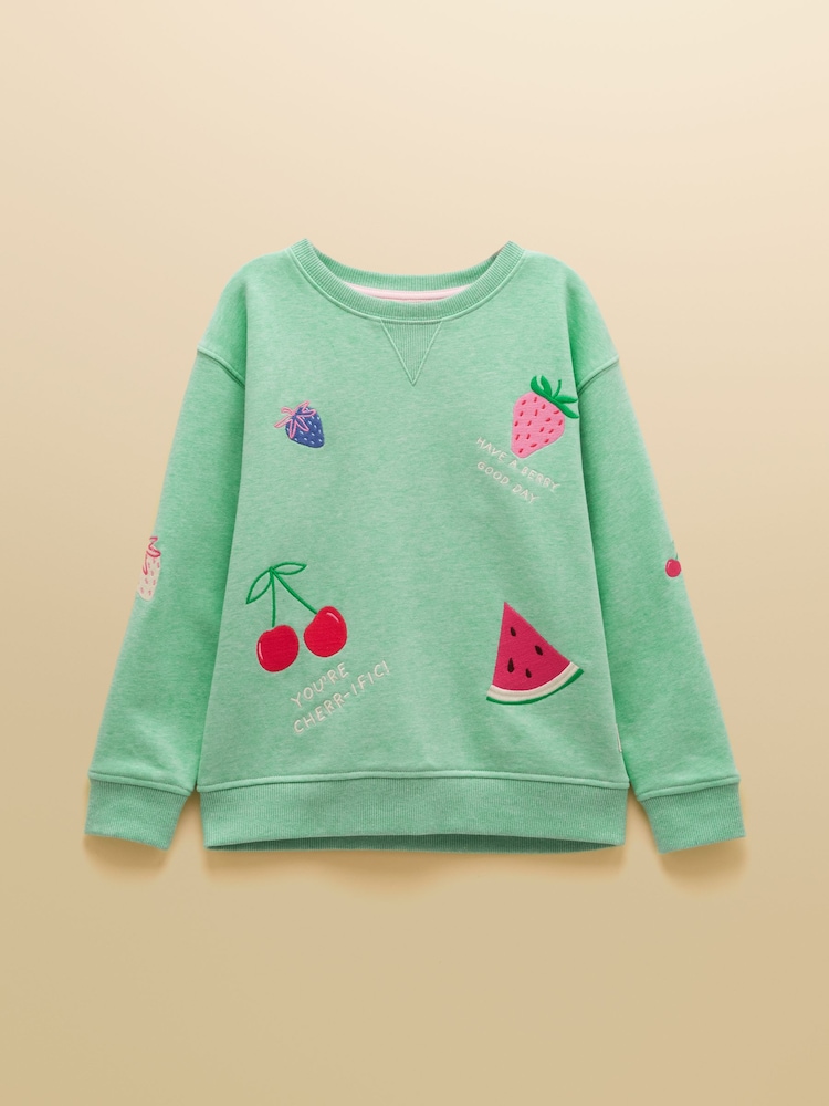 Joules Girls' Summerdays Green Embroideries Crew Neck Sweatshirt - Image 1 of 5 Joules Girls' Summerdays Green Embroideries Crew Neck Sweatshirt - Image 1 of 5