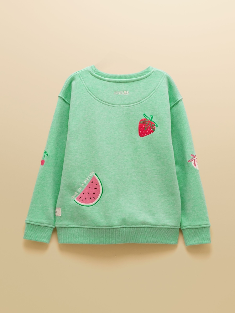 Joules Girls' Summerdays Green Embroideries Crew Neck Sweatshirt - Image 2 of 5 Joules Girls' Summerdays Green Embroideries Crew Neck Sweatshirt - Image 2 of 5