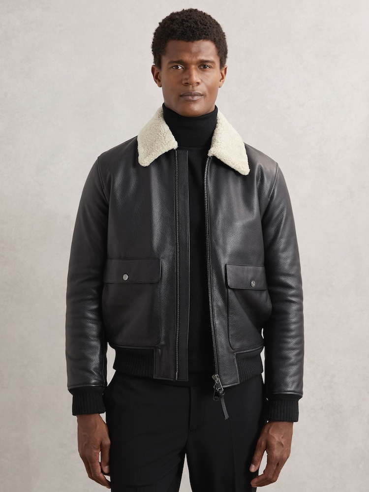 Reiss Black Shaker Leather Shearling-Collar Bomber Jacket - Image 1 of 6 Reiss Black Shaker Leather Shearling-Collar Bomber Jacket - Image 1 of 6