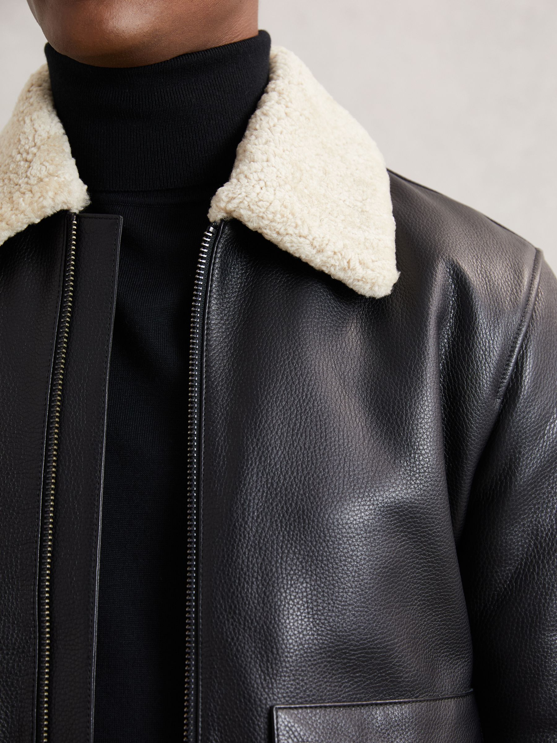 Buy Reiss Black Shaker Leather Shearling-Collar Bomber Jacket from