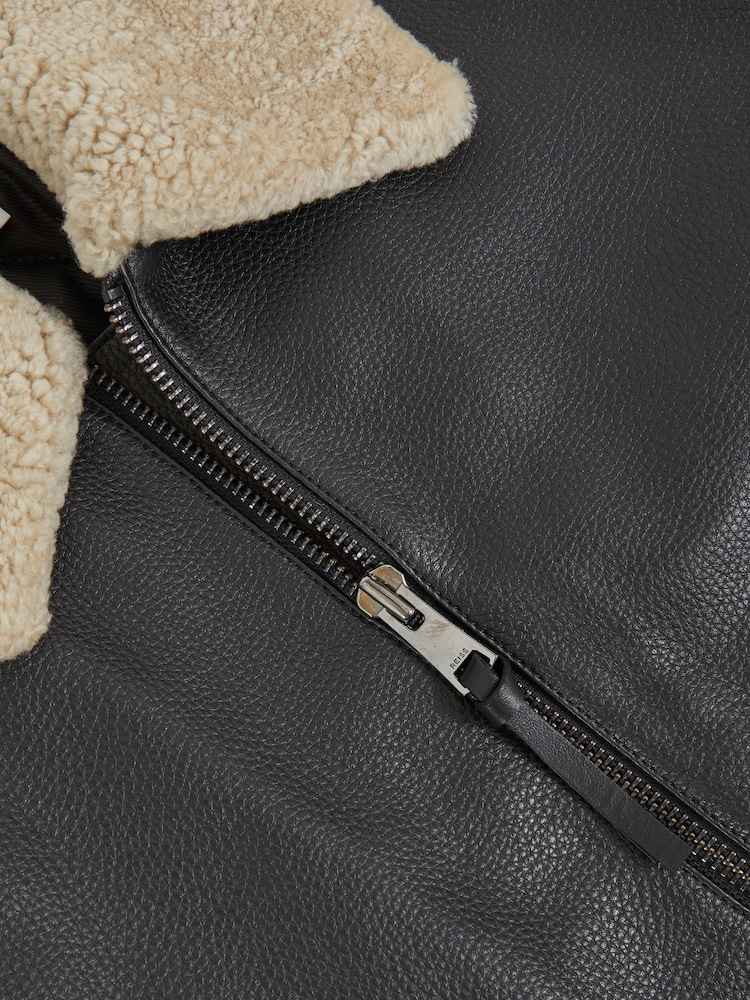 Reiss Black Shaker Leather Shearling-Collar Bomber Jacket - Image 6 of 6 Reiss Black Shaker Leather Shearling-Collar Bomber Jacket - Image 6 of 6