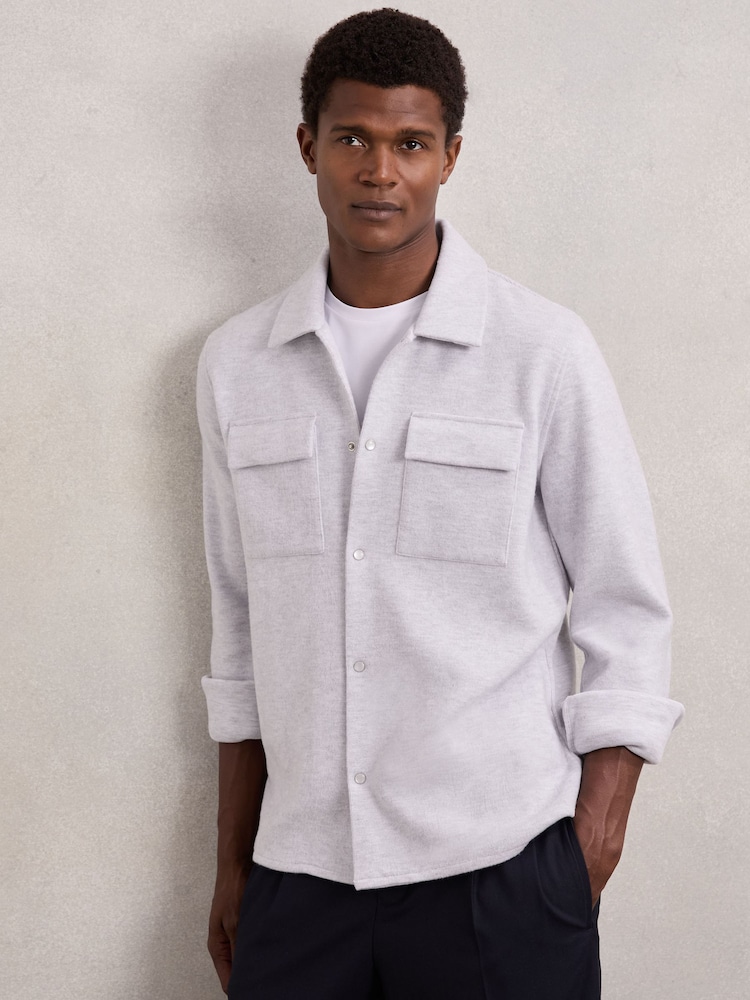 Reiss Grey Marl Maxwell Press-Stud Jersey Shirt with Cotton - Image 1 of 7 Reiss Grey Marl Maxwell Press-Stud Jersey Shirt with Cotton - Image 1 of 7