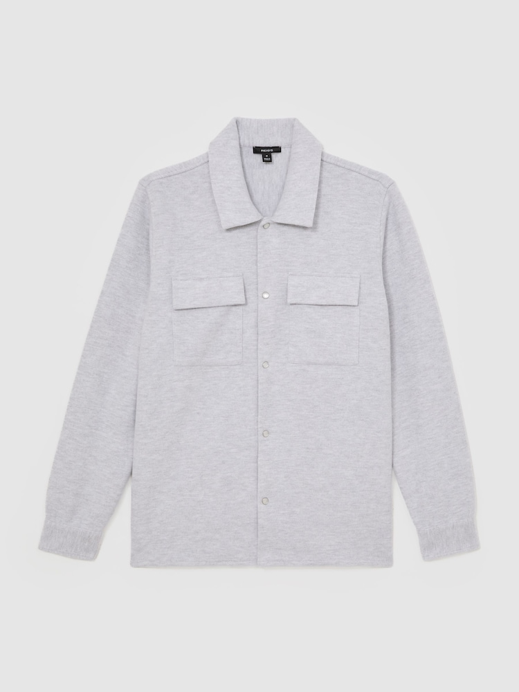 Reiss Grey Marl Maxwell Press-Stud Jersey Shirt with Cotton - Image 2 of 7 Reiss Grey Marl Maxwell Press-Stud Jersey Shirt with Cotton - Image 2 of 7