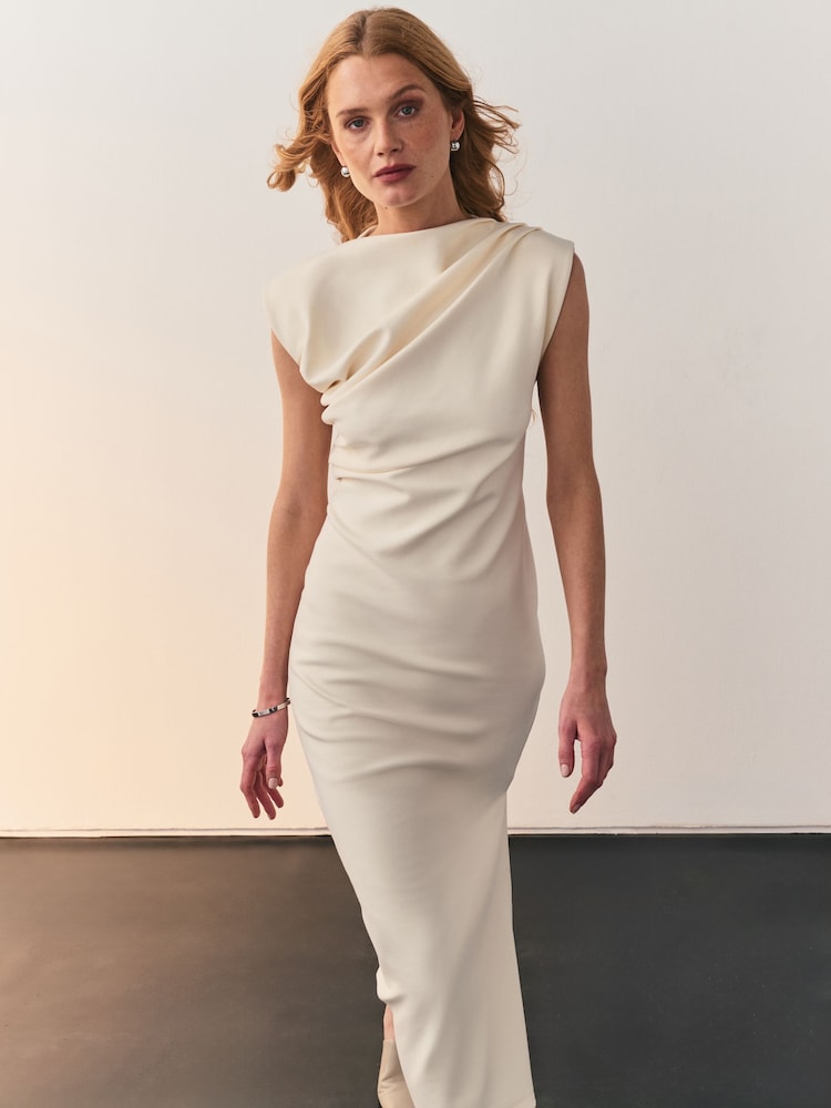 white crinkle texture ruched cowl neck midi dress White crinkle texture ruched cowl neck midi dress