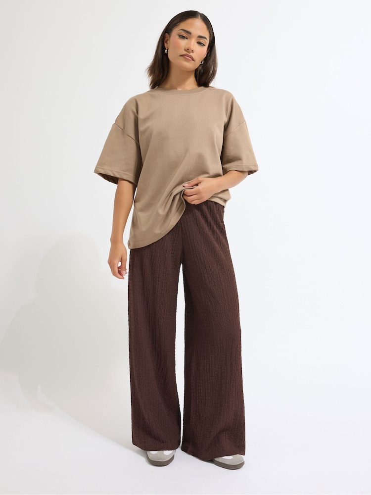 PixieGirl Petite Brown Textured Wide Leg Trousers - Image 1 of 2