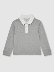 Reiss Grey Marl/White Aidan Cotton Half Button Rugby Polo Shirt - Image 1 of 4
