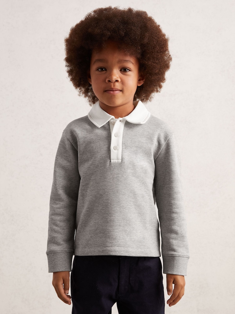 Reiss Grey Marl/White Aidan Cotton Half-Button Rugby Polo Shirt - Image 1 of 4 Reiss Grey Marl/White Aidan Cotton Half-Button Rugby Polo Shirt - Image 1 of 4