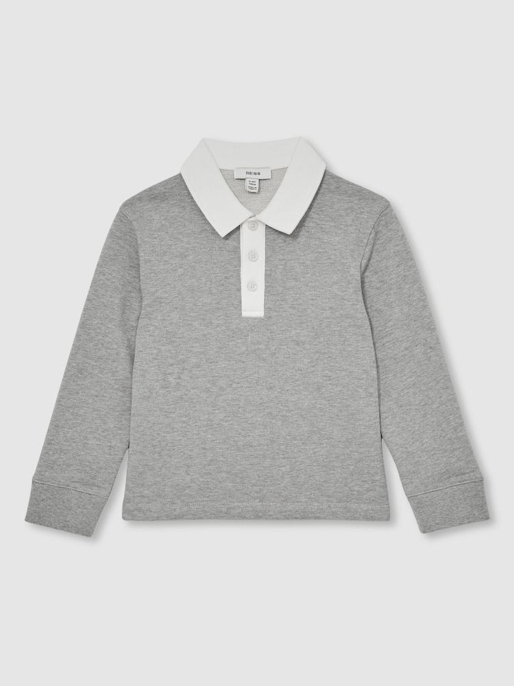 Reiss Grey Marl/White Aidan Cotton Half-Button Rugby Polo Shirt - Image 2 of 4 Reiss Grey Marl/White Aidan Cotton Half-Button Rugby Polo Shirt - Image 2 of 4