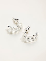 FatFace Silver Tone Leaf Hoop Earrings - Image 3 of 3