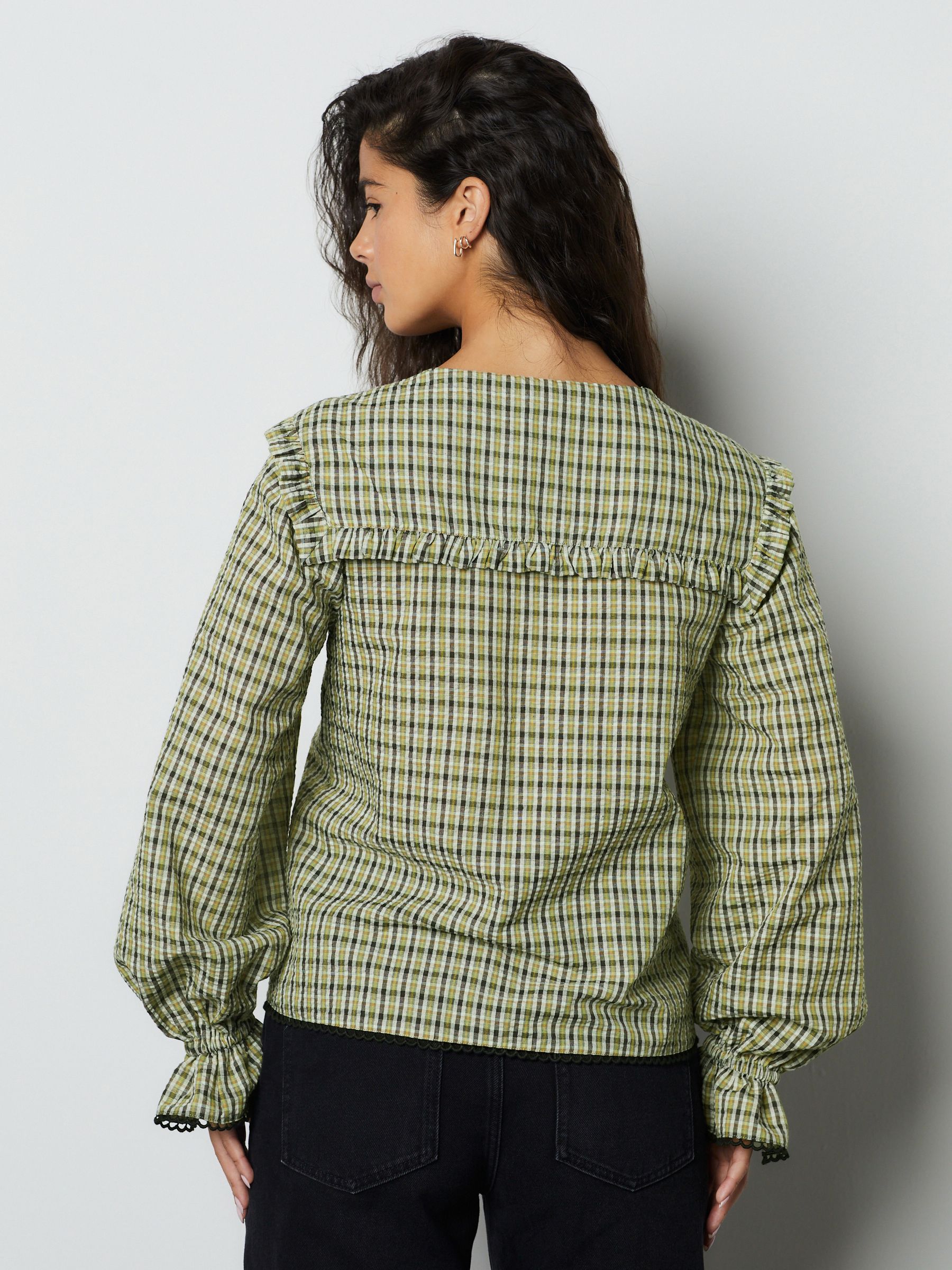 Buy Green/Black Check Oversized Collar Long Sleeve Blouse from
