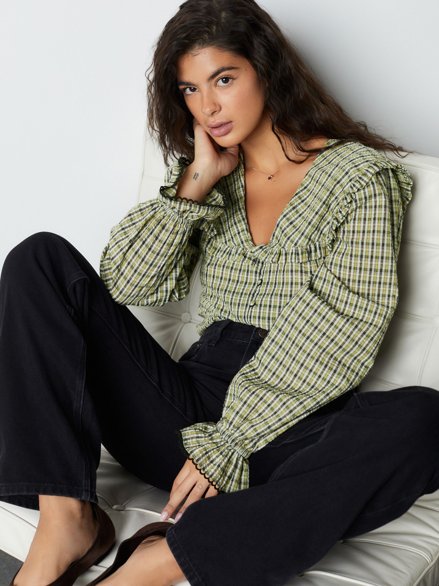 Buy Green/Black Check Oversized Collar Long Sleeve Blouse from