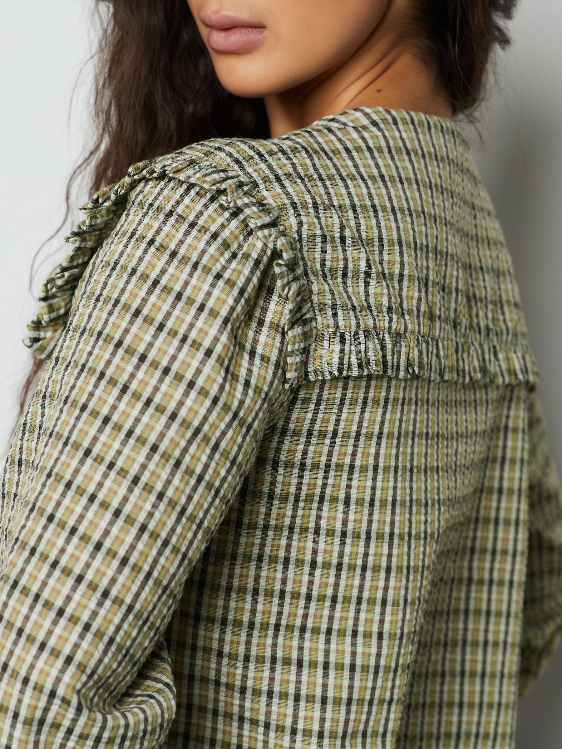 Buy Green/Black Check Oversized Collar Long Sleeve Blouse from